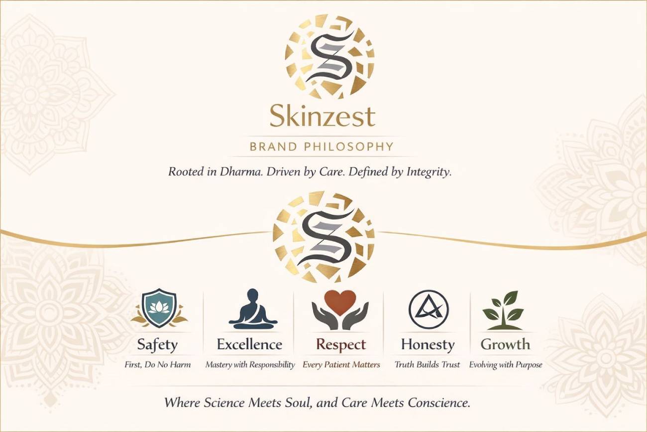 Skinzest brand philosophy: rooted in dharma, driven by care, defined by integrity — safety, excellence, respect, honesty and growth. Where science meets soul, and care meets conscience.